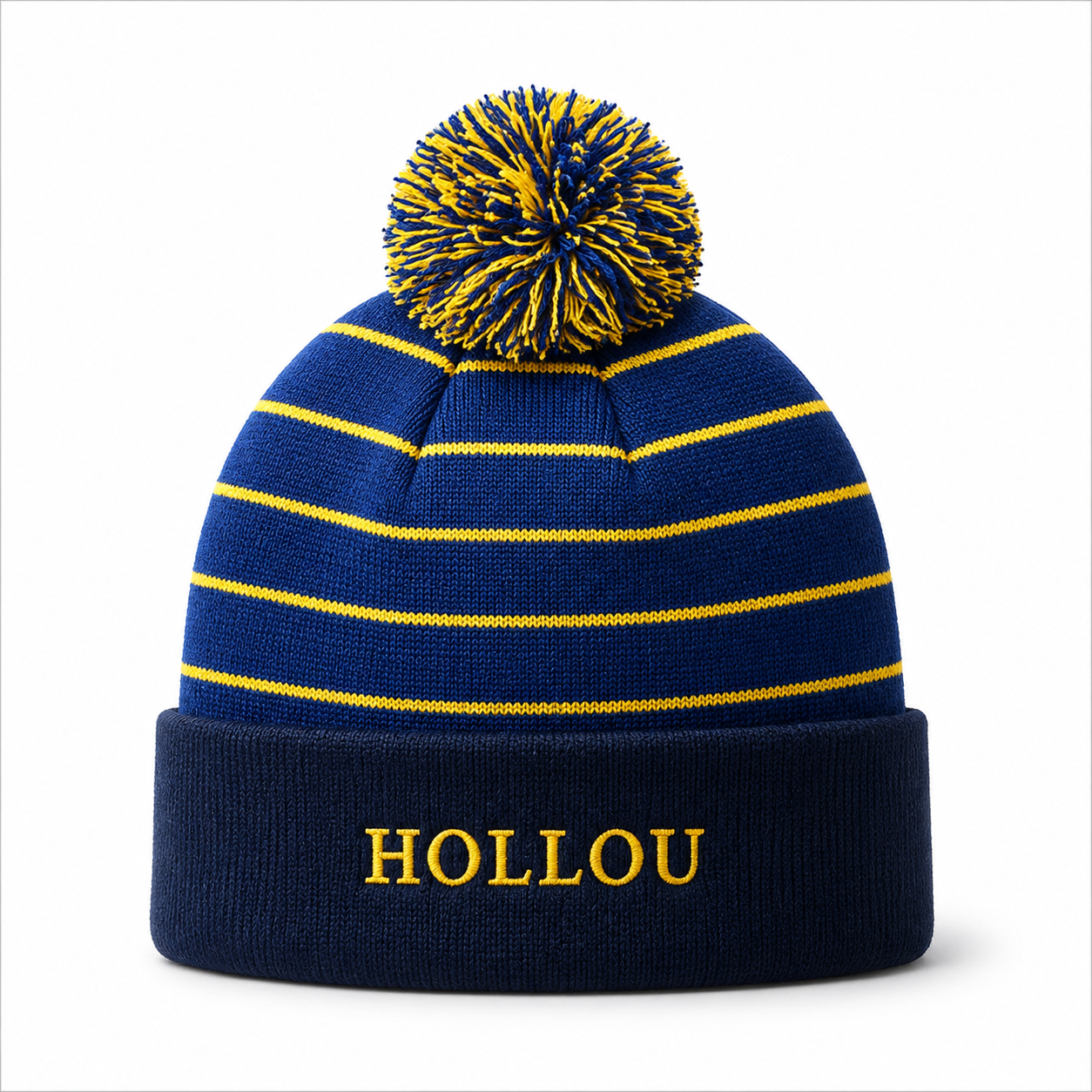 The Hollou Stripe Gold/Navy Bobble hat